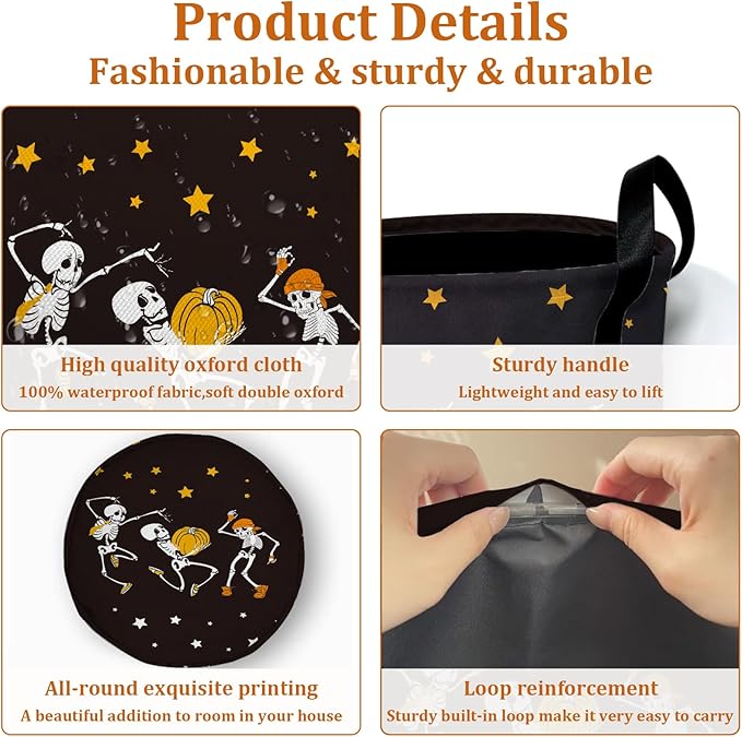 Dancing Skull Laundry Basket with Sturdy Handles, Halloween Funny Collapsible Oxford Cloth Laundry Hamper Organizer Basket for Bathroom Bedroom 15.7x20 Inch