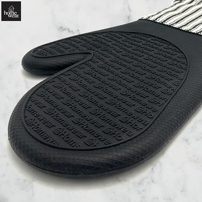 Homewear Marlow Silicone Extra Long Oven Mitt 2 Piece Set, Heat and Slip Resistant, Recycled Cotton with Soft Lining, Thick Kitchen Gloves for Cooking, Black