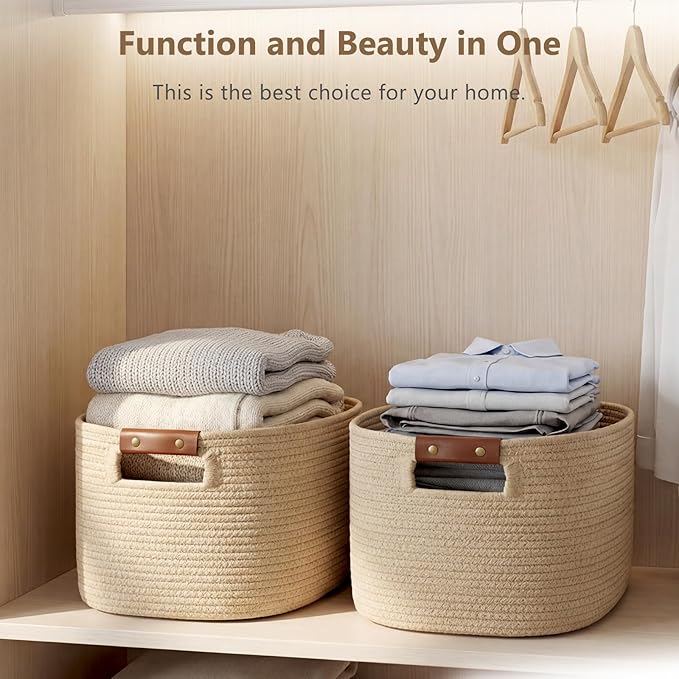 ECDYQXVU Cotton Rope Basket, Storage Baskets with Handle, 15x10x9 Inch Woven Basket for Shelves, Laundry, Towels, Clothes, Books (Jute/Brown 3Pack)