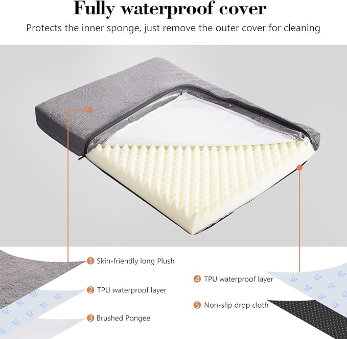 Waterproof XXL Dog Beds for Large and Jumbo Dogs - Orthopedic Dog Bed Washable Crate Pad, Egg Crate Foam Pet Bed Mat with Removable Cover, Anti-Slip Kennel Pad, 47''×29'', Grey