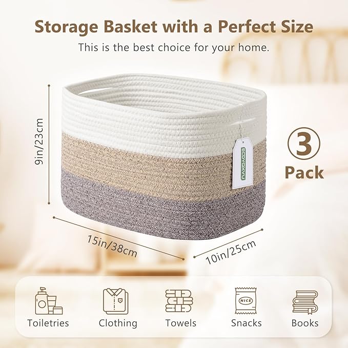 ECDYQXVU Cotton Rope Storage Basket, 15x10x9 Inches, Woven Basket for Shelves, Clothes, Towels, Books, and Laundry, White Brown (3 Pack)