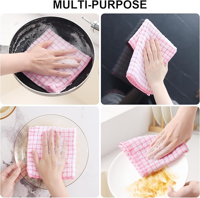Kitinjoy Cotton 12 Pack Terry Kitchen Dish Cloths, 12 x 12 Inches Super Soft and Absorbent Dish Rags, Quick Drying Dish Towels for Washing Dishes, Pink