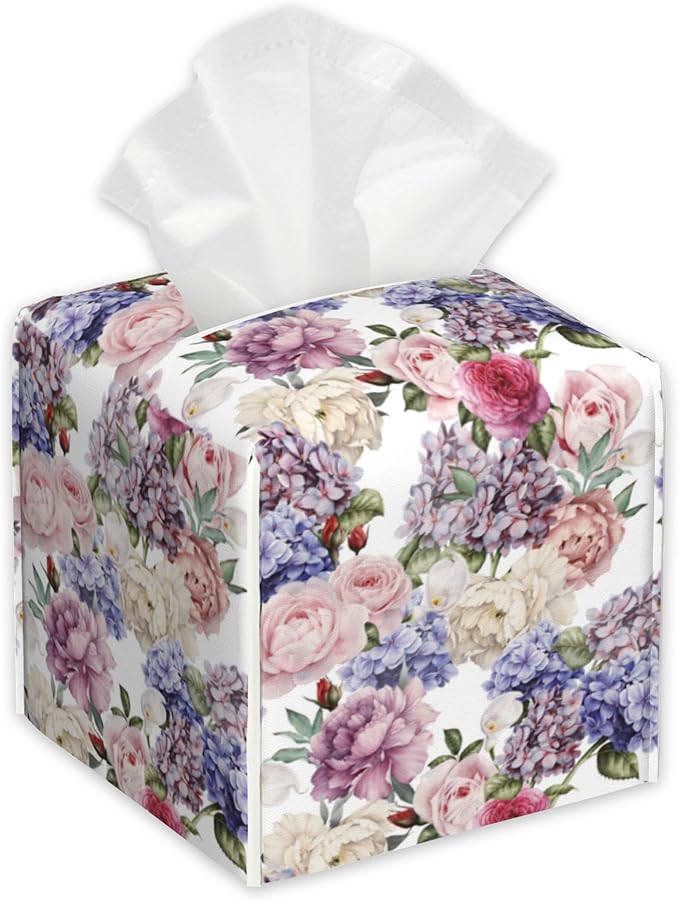 Watercolor Roses Floral Tissue Box Cover,PU Leather Tissue Box Holder Square,Modern Home Decoration for Bathroom Living Room Kitchen Office Car,5.2"×5.2"×5.2"