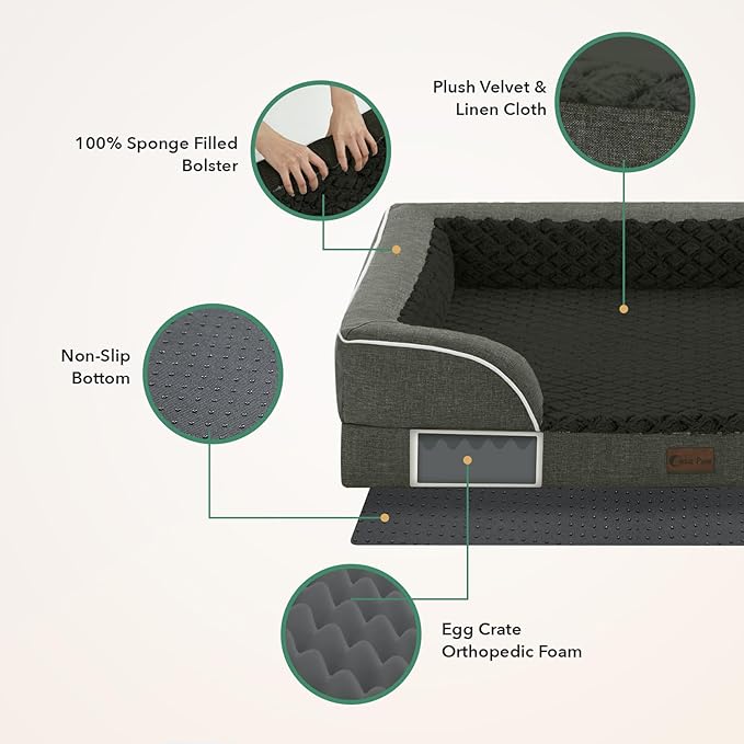 Casa Paw Orthopedic Dog Beds for Extra Large Sized Dogs, Waterproof Memory Foam XL Pet Bed with Sides 48x30Inch, Non-Slip and Egg-Crate Foam Big Dog Couch Bed with Removable Washable Cover, Dark Green