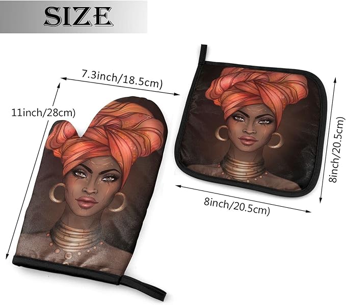 African American Black Woman Oven Mitts and Pot Holders Insulated Gloves & Kitchen Counter Safe Mats for Cooking BBQ Baking Grilling (2-Piece Set)