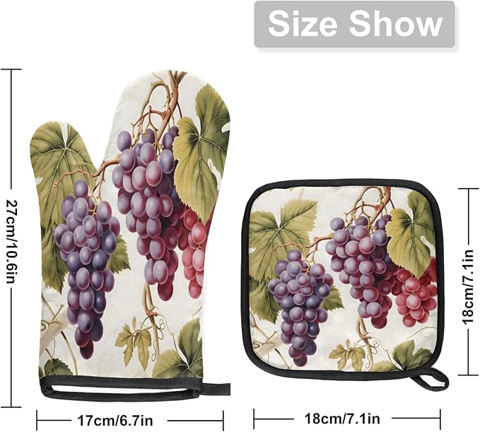 Vintage Grapes Vine Oven Mitts and Pot Holders Sets, 2 Pcs Decorative Kitchen Oven Glove for Cooking