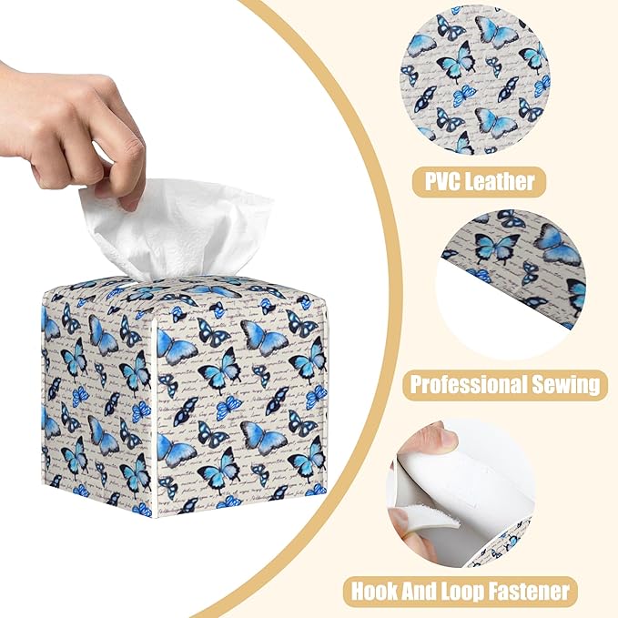 BLYKVGHQ Vintage Blue Butterfly Tissue Box Cover Square, Tissue Box Holder with Bottom Belt Leather Facial Paper Organizer Dispenser for Bathroom Bedroom Dresser Night Stand Tabletop
