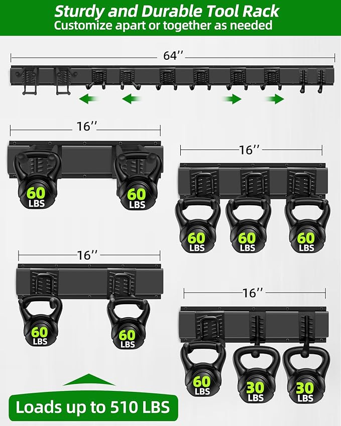 PIYILO 64 inches Garage Tool Organizer Wall Mount, Heavy Duty Garden Tool Organizer Rack, Hanging Storage Organization Racks Holder with 10 Hooks, for Lawn Tools, Shovel, Shed