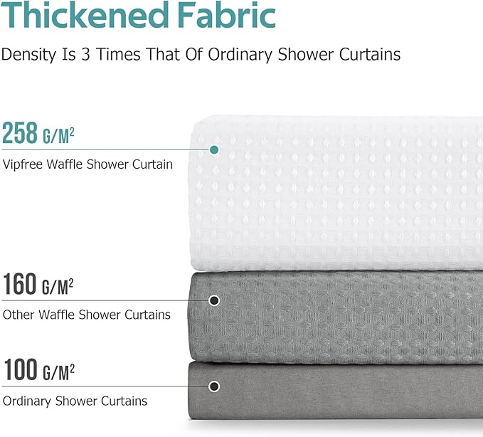 Vipfree 3 in 1 Shower Curtain Set, Waffle Shower Curtain and Liner Set with 6 Double Sided Shower Curtain Hooks, 258GSM Luxury Weighted Cloth Shower Curtains for Bathroom, 36 W x 72 H, White