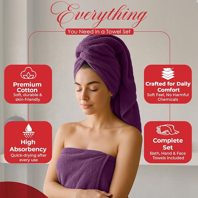 RIVERSIDE Pack of 8 Towels Set, 2 Large Bath, 2 Hand, 4 Face Washcloths, 100% Cotton Hotel Quality, Super Soft, Quick Dry, Highly Absorbent Perfect for Bathroom, Purple Passion