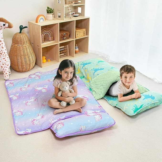 Beavtaens Toddler Nap Mat with Pillow and Minky Blanket, Large 55"x35" Sleeping Bag, Washable, Lightweight, Easy to Roll, Perfect for Preschool, Daycare, Kindergarten, Travel, Boys and Girls