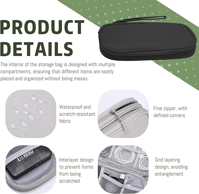 OBHEI Electronic Organizer Double Layer, Water Resistant Cable Organizer Bag for Travel Essentials, Cord, Charger, Phone, Earphone, Large Size,Accessories Travel Essentials (Black, Single-Layer)