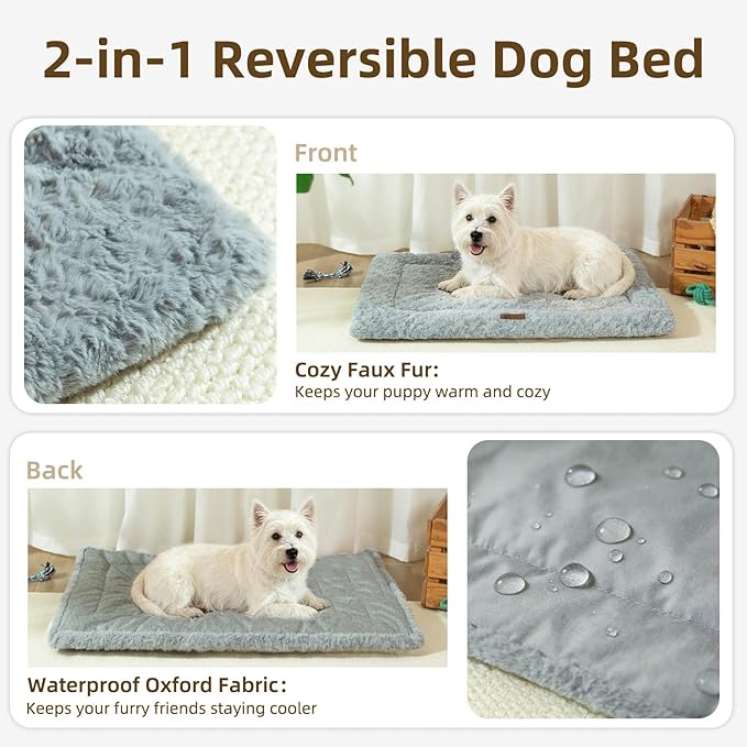 Reversible Dog Bed Mat 41"x27" for Large Dogs - Supportive Double-Sided Crate Pad, All-Season Cooling & Warmth, Ultra Soft Machine Washable Pet Bed, Fits Most 42-Inch Kennels, Light Grey
