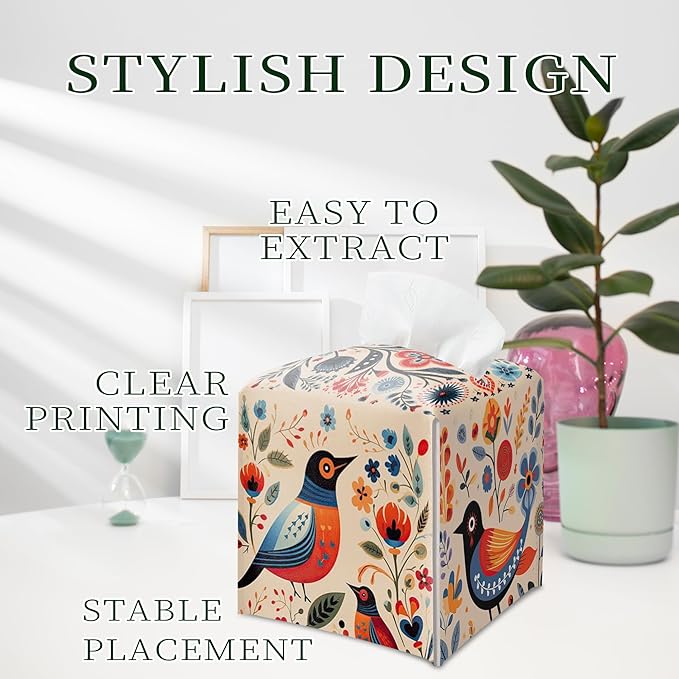 Scandinavian Tissue Box Holder, Floral Bird Leather Tissue Box Cover Square, Paper Napkins Everyday Dispenser for Bathroom Vanity Countertop Night Stands Kitchen Office Car Home Decor