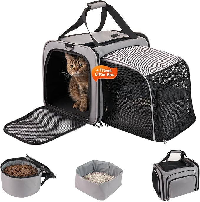 Cat Carrier with Litter Box, Collapsible Soft Sided Pet Carrier for Car Travel, Cat Travel Carrier with Locking Zippers, Expandable Cat Carrier with Food Bowl for Cats/Puppies up to 25 lbs, Grey