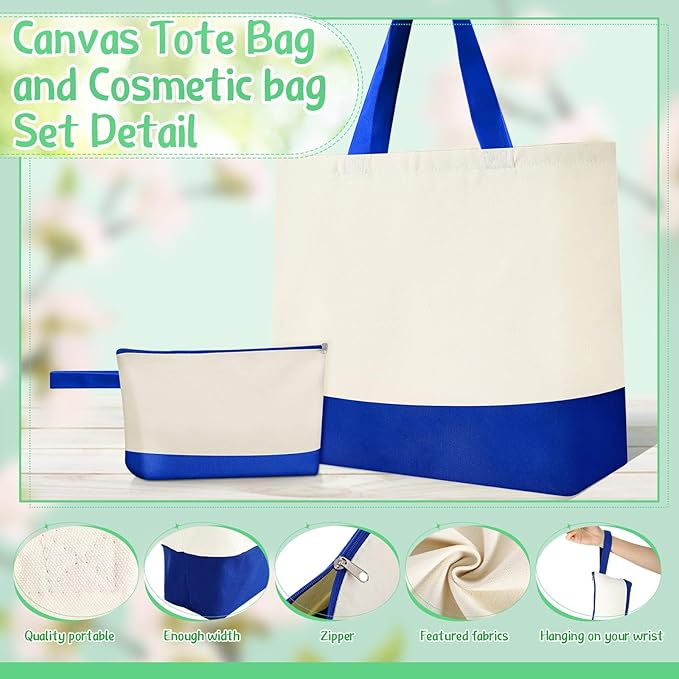 Sanwuta Canvas Tote Bags Bulk with Zipper Cosmetic Pouch 18.5" Reusable Cotton Shopping Bag with Handle for DIY Craft