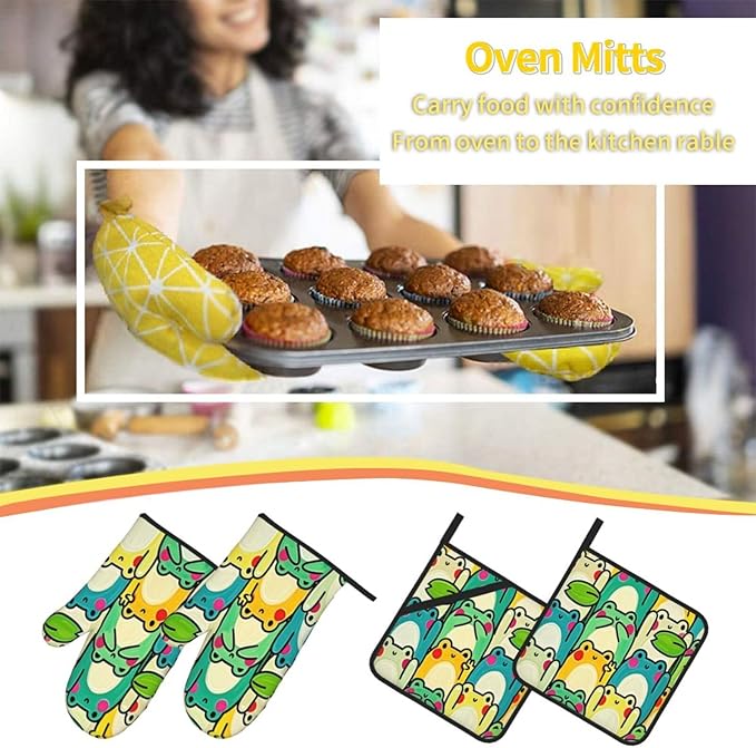 4 Pieces Flowers Oven Mitts and Pot Holder Set Floral Oven Gloves and Hot Pads Pot Holders for Farmhouse Kitchen Accessories and Decoration (Frog)