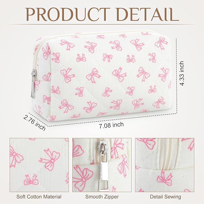 Paterr 6 Pcs Quilted Makeup Bag Bulk for Women Girls Birthday Valentine's Day Bridesmaid Gifts Cute Cotton Cosmetic Pouch Bow Floral Coquette Aesthetic Travel Toiletry Bag(Little Bow,White)