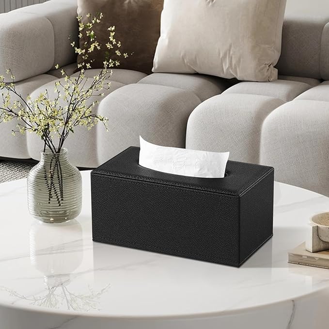 JLAMBOM Rectangle Tissue Box Cover for 120 to 160 Count Box of Tissues, PU Leather Tissue Holder with Magnetic Closure (Black)