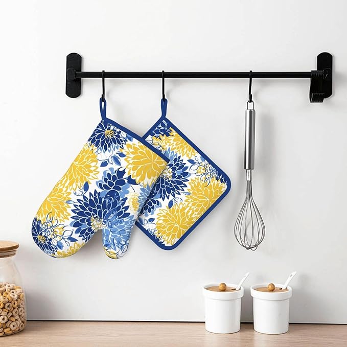 Oven Mitts and Potholders Watercolor Blue and Yellow Flowers Silicone Glove Heat Resistant, Kitchen Gloves for Cooking, 2-Piece Set