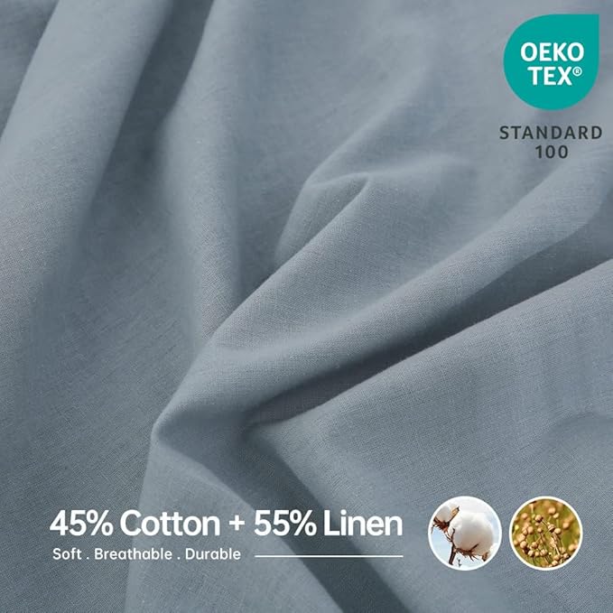 Simple&Opulence Belgian Linen Sheet Set Solid Color - 4 Pieces (1 Flat Sheet, 1 Fitted Sheet & 2 Pillowcases) Natural Flax Cotton Blend Soft Breathable Farmhouse Bedding - Queen Size, Dusty Blue