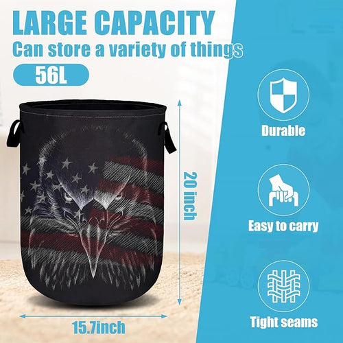 American Flag Eagle Laundry Basket, Laundry Hamper Collapsible Oxford Cloth with Handle Clothes Toy Storage Bin for Bathroom Laundry Room Bedroom 15.7 X 20 Inch