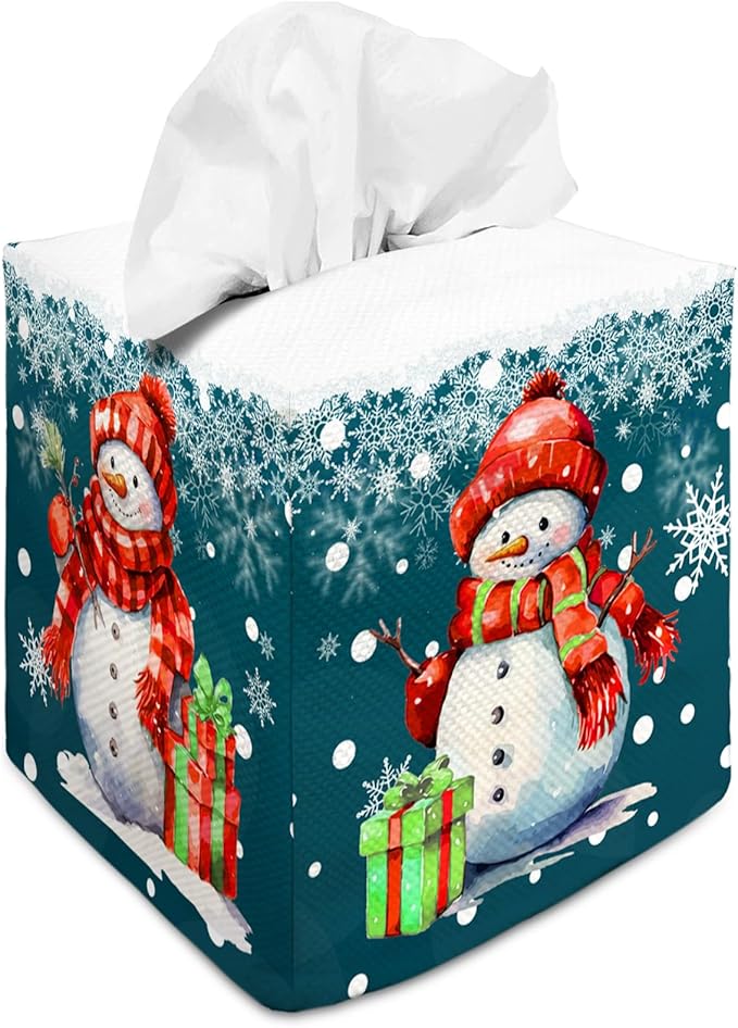 Tissue Box Cover Square Decorative Tissue Box Holder Cute Funny Cube Tissue Case Cover-Xmas Decor Christmas Snowman Tissue Box Cover