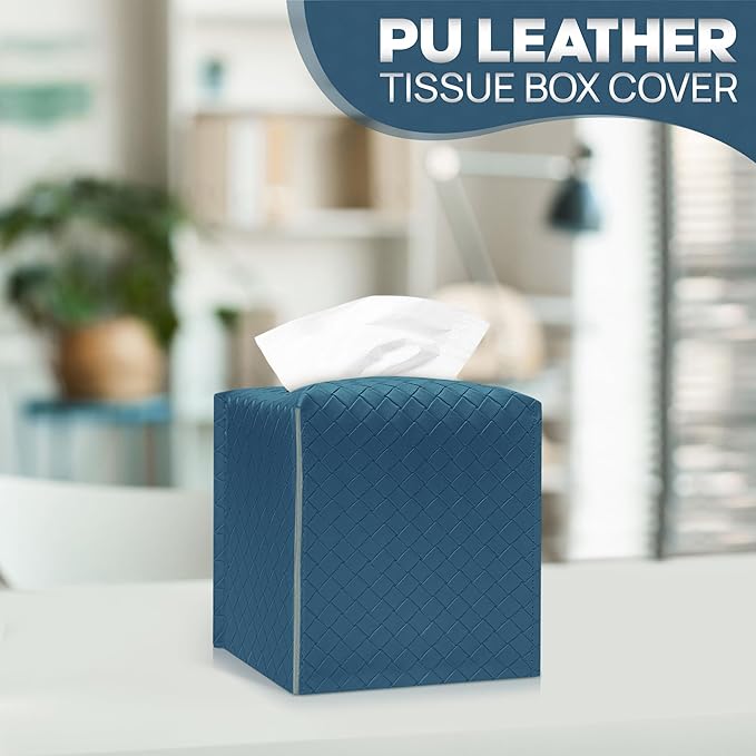 Tissue Box Cover Holder, PU Leather Tissue Box Cover with Braided Pattern, Square Tissue Holder with Bottom Belt, Modern Organizer for Bathroom, Car, Office, Tabletop (Ink Blue, 12 Braided Patterns)