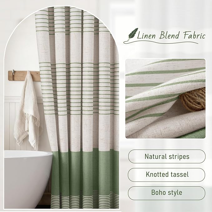 XOGUIBO Sage Green Shower Curtain Boho Linen Striped Shower Curtains for Bathroom with Tassel 72 X 75