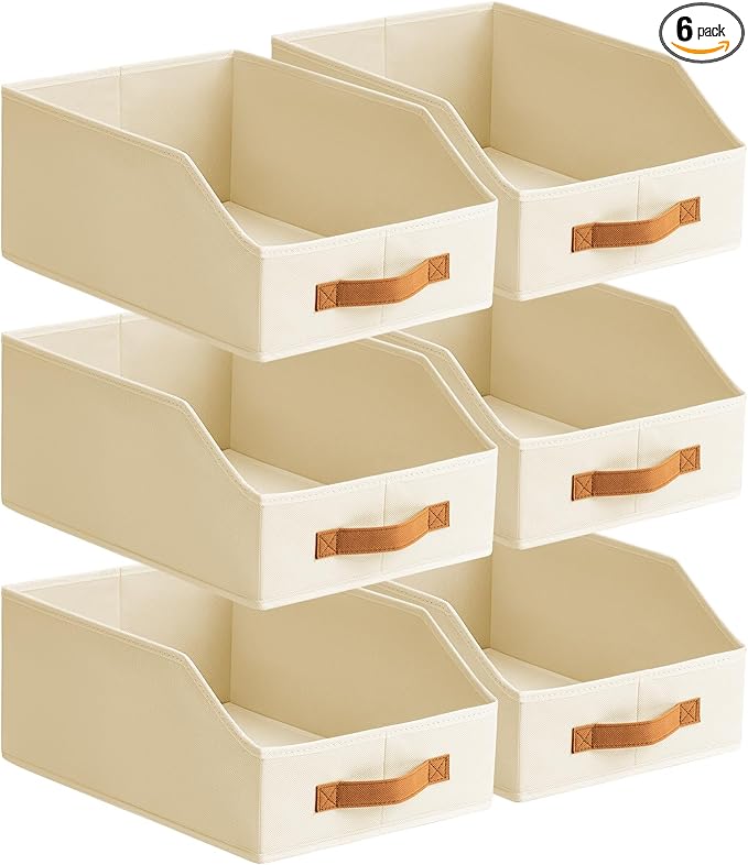 Homsorout Fabric Storage Bins for Organizing - 6 Pack Large Trapezoid Collapsible Storage Bins with Front Handle, Closet Organizers and Storage for Bedroom, Home Shelves, Small Spaces, Beige