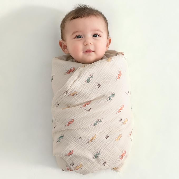 NTBAY 2 Layer Muslin Cotton Baby Swaddle Blanket, 30x40 Soft and Breathable Receiving for Newborns and Infants, Perfect for Crib, Stroller, Travel, Lightweight Nursery Blanket, Retro Race Car