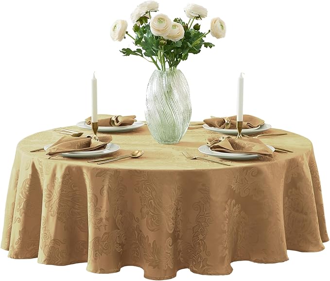 Newbridge Barcelona Damask Fabric Tablecloth, 70 Inch Round, Gold – No Iron, Soil Resistant Table Cover for Dining, Parties and Holidays