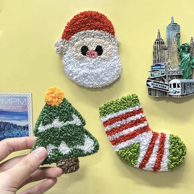 HAND U JOURNEY 3Pcs Embroidery Punch Needle Fridge Magnet Kit (Non-Magnetic), Original Design with 2.2mm Punch Tool, Threads and Hoop (X'Mas)