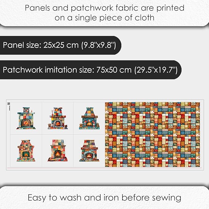 Patchwork Fireplace Cotton Fabric Panel – 6 Designs (10×10 inch Each) + Bonus Sheet 29.5×19.6 inch, 100% Cotton 140 GSM, Made in Türkiye