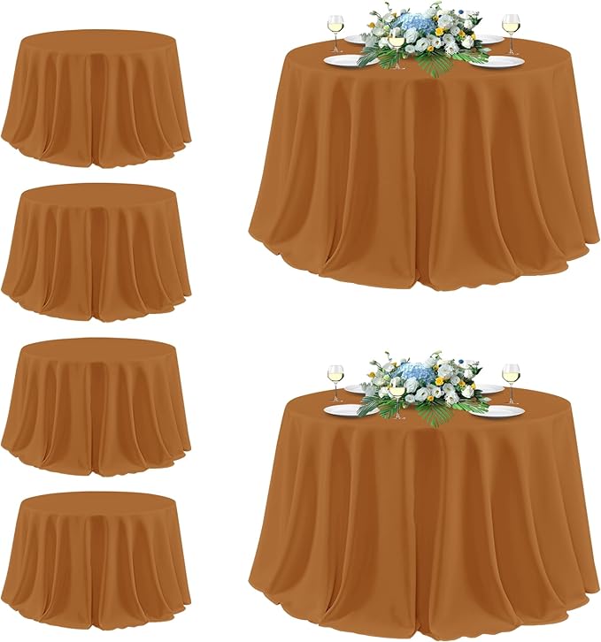 sancua Thanksgiving Round Tablecloth 132 Inch Diameter, 6 Pack Bronze, Circle Polyester Fabric Light Brown Fall Table Cloth Cover for Harvest Wedding Party Reception Banquet (Fit 54-96 Inch Tables)