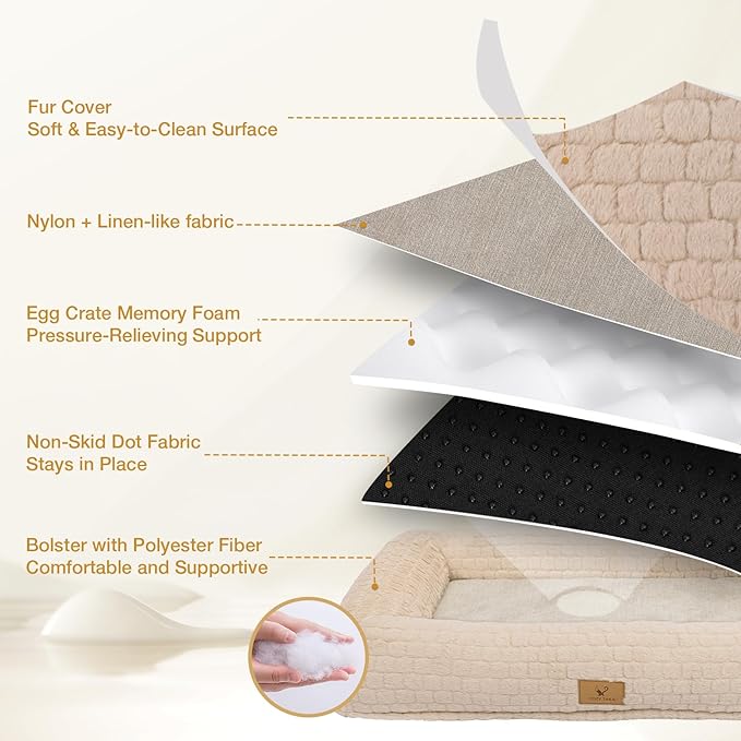 Plush Orthopedic Dog Bed for Medium Large Dogs, Memory Foam Bolster Sofa Bed with Removable Washable Cover, Waterproof Lining & Non-Slip Bottom (Tan-M)
