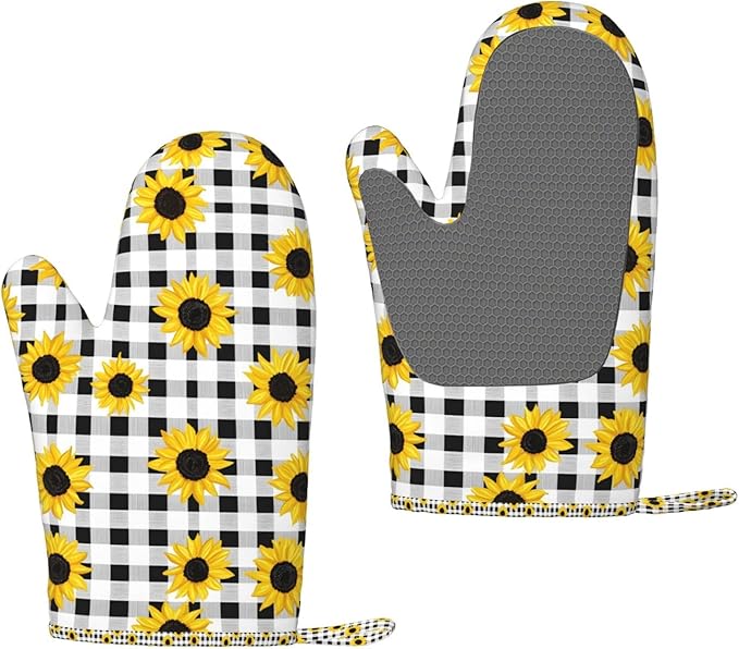 Heat Resistant Oven Mitts 2 Pack, 500°F Silicone Oven Gloves with Non-Slip Grip, Soft Quilted Cotton Lining for Baking, Grilling, BBQ, Cooking (Sunflower)