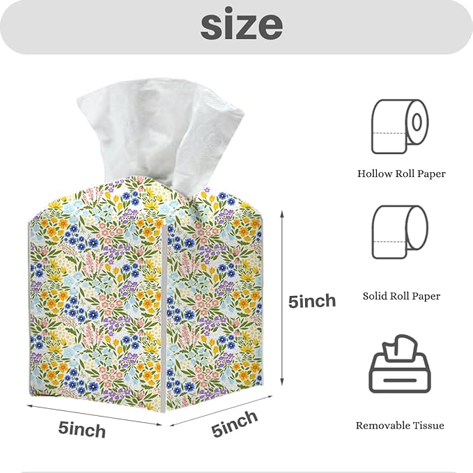Tissue Box Cover, Tissue Box Holder, Square with Belt Bottom, PU Leather Decorative Organizer for Desk, Tabletop, Bathroom, Toilet Car, Office, Dresser Bedside Night Stand, Aesthetic Floral Decor