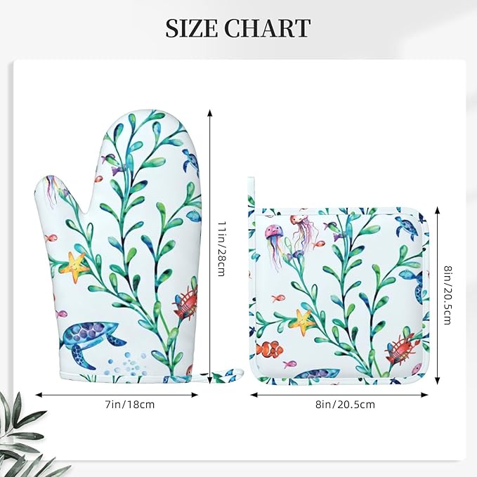 Silicone Oven Mitts and Pot Holders Sets, Home Ocean Turtle Jellyfish Seaweed Heat Resistant BBQ Gloves for Kitchen Baking Cooking Grilling Microwave