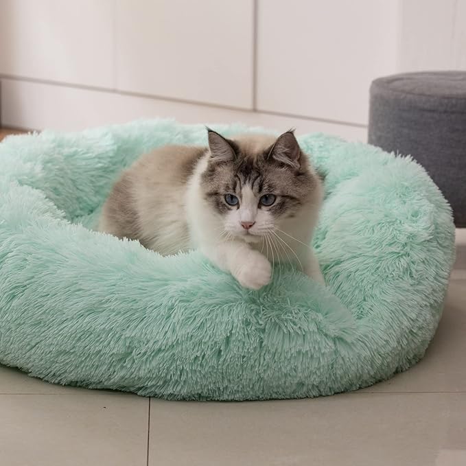 Raimaiso Anti Anxiety Round Fluffy Plush Faux Fur Warm Washable Dog Bed & Cat Bed, Original Bed for Small Medium Large Pets,Used to Relieve Joints and Improve Sleep（20"/24"/27''） (24", Light Green)