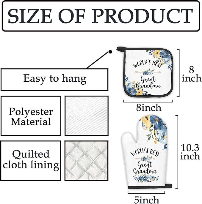 Great Grandma Gifts Oven Mitts and Pot Holders Sets, Gifts for Great Grandma from Grandkids Kitchen Accessories Sets, World’s BestGreat Grandma Heat Resistant Oven Glove Potholders for Kitchen