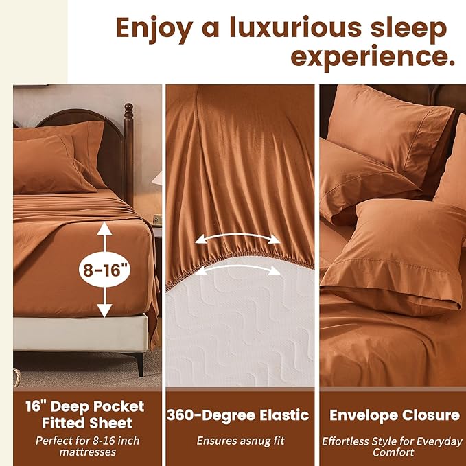 100% Linen Sheets California King Size,Breathable & Durable 4-Piece Bed Flax Sheet Set,Soft All-Season Bedding for Hot Sleepers 16" Deep Pocket Oeko-TEX Certified,（Cal King, Brown）