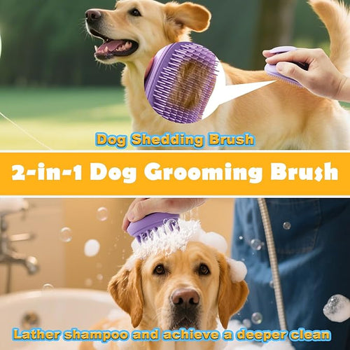 2-in-1 Dog Bath Brush for Grooming & Massage - Pet Silicone Brush for Long & Short Haired Dogs and Cats, Dog Scrubber for Bath, Rubber Curry Brush, Use Wet as Bath Brush or Dry for Grooming-Purple