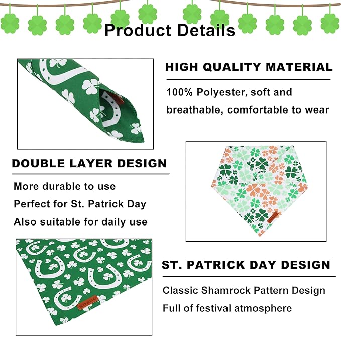ADOGGYGO St. Patrick's Day Dog Bandana, Green Shamrock Scarf, Multi Size Offered, Saint Patrick Day Bandanas for Large and X-Large Dogs (X-Large)
