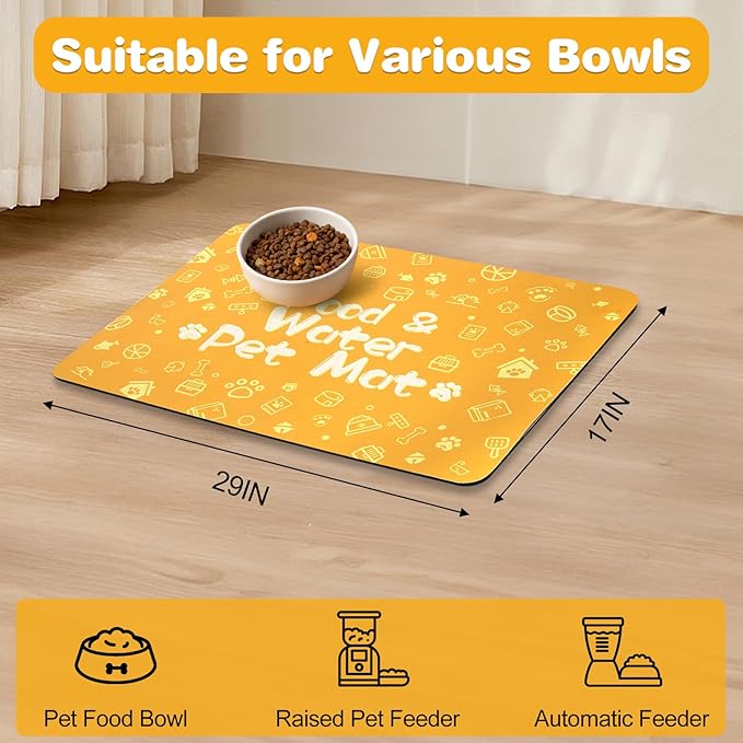 Pet Feeding Mat,Dog Cat Mat for Food and Water,Dog Bowl Waterproof Placemat with Rubber Backing,Absorbent Quick Dry Water Dispenser Mat for Pet（Orange 17"×29"）