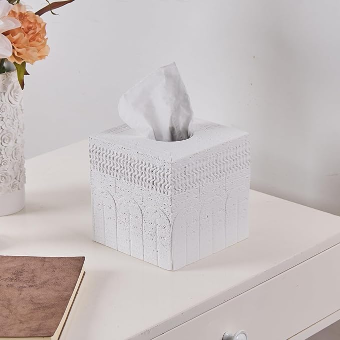 White Tissue Box Cover – Classic Carved Square Resin Tissue Box Holder – Heavy Duty Decorative Home & Bathroom Decor for Countertop, Tabletop, Night Stand, Office