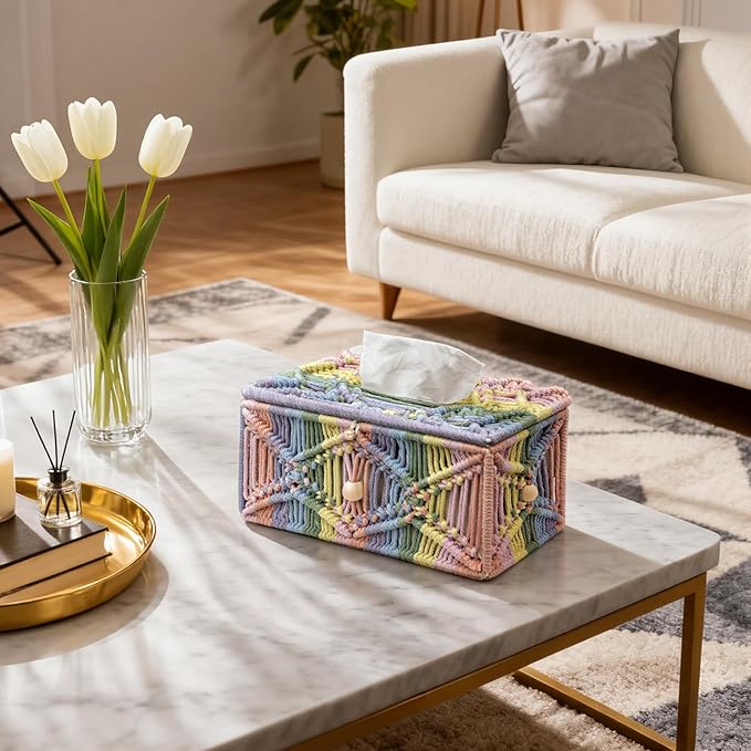KaloKalo Handmade Tissue Box Cover Rectangle Decorative Macrame Boho Tissue Holder Cotton Rope Woven Napkin Facial Paper Organizer Bohemian Desk Storage Container with Buckle Wood Beads (Rainbow)