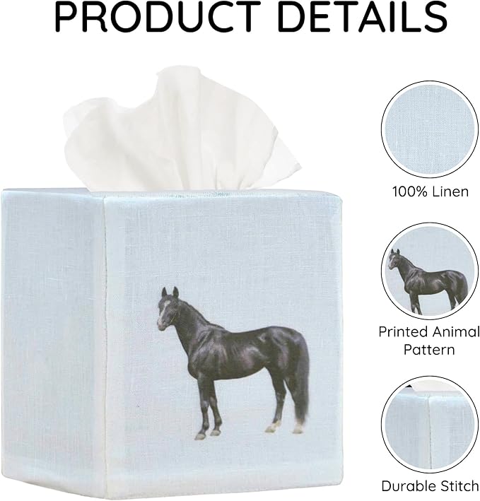 EmbroideryLinen.VN Tissue Box Cover Set of 2, Square Linen Tissue Holder, Printed Animal Pattern, 4.5x4.5x5.5 Inches, Decorative Holder for Bathroom, Living Room, Office (Horse - Ivory)