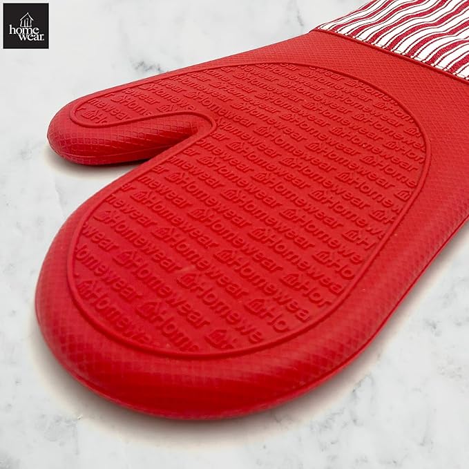 Homewear Marlow Silicone Extra Long Oven Mitt 2 Piece Set, Heat and Slip Resistant, Recycled Cotton with Soft Lining, Thick Kitchen Gloves for Cooking, Red