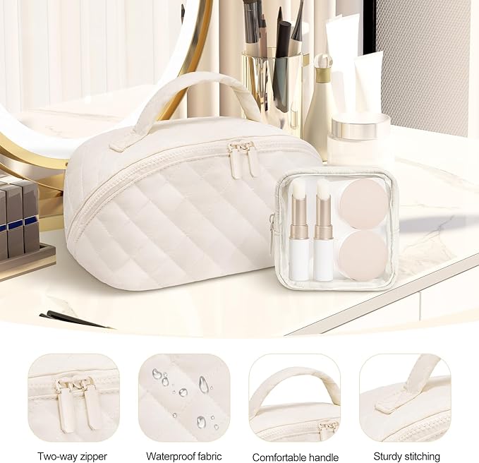 honitty Makeup Bag, Quilted Makeup Bag, Puffy Travel Make up Bags, Cosmetic Organizer Bag, Waterproof Toiletry Bag for Women